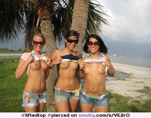 three #pierced hotties at a #beach, two with #PiercedNipples #liftedtop