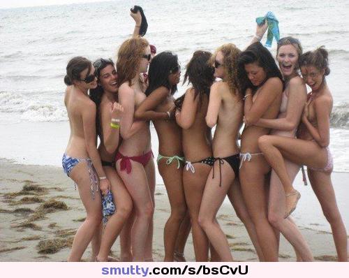 #group #beach #outdoor #ocean #bikini #topless #chooseone third from left