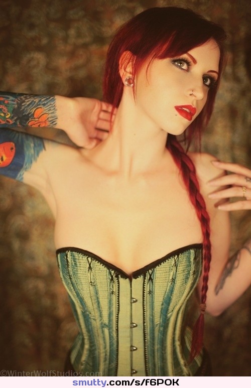 #redhead #redlips #spacer #greeneyes #paleskin #smalltits #corset  #tattoos #sleeve #ponytail #braid #collarbone #tinywaist #hips