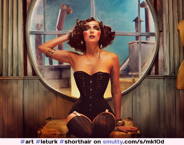 by #LeTurk #shorthair #window #burlesque #cabaret #bordello #stockings #redlipstick #corset #garterbelt #art