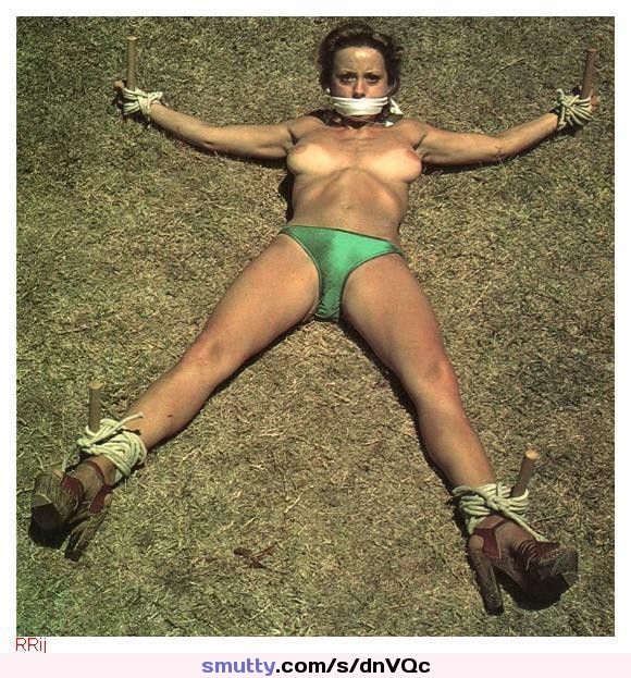 #bdsm #bondage #public #exposed #panties #gagged #retro #vintage #lookingatcamera #StakedInYard #spreadeagle
