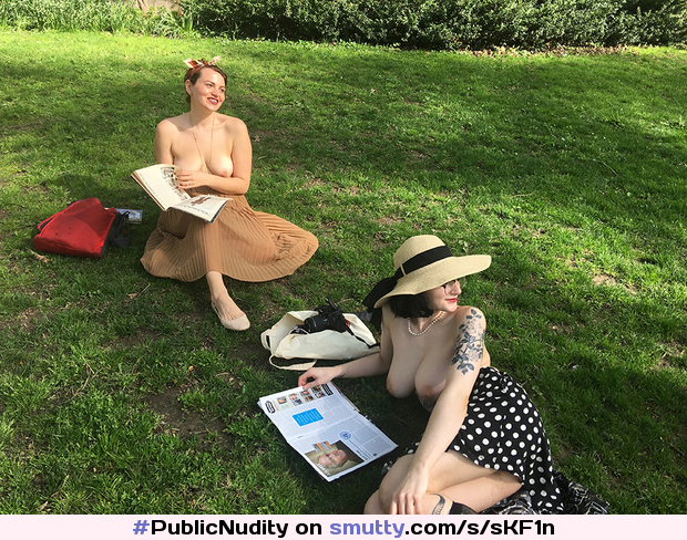#PublicNudity #CasualNudity #outdoor #NewYorkCity #NewYork #NYC #CentralPark #amateur #topless #pale #smile #smiling #hat #ink #reading
