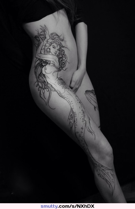 #BlackAndWhite #Beautiful #sosexy #slender #slim #sensuality #Erotic #nopanties #legs #bottomless #tattoo #tattooed #tattooedlegs #mermaid