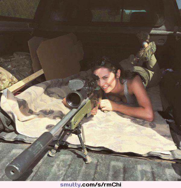 #absolutefavorite #brunette #darkhair #tanktop #military #gun #rifle #sniper #cute #skinny