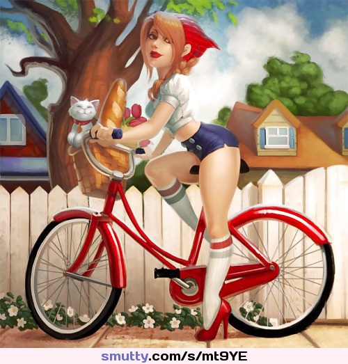 #redhead #heels #toon #shorts #kneehighsocks #curvy #redlipstick #cycling