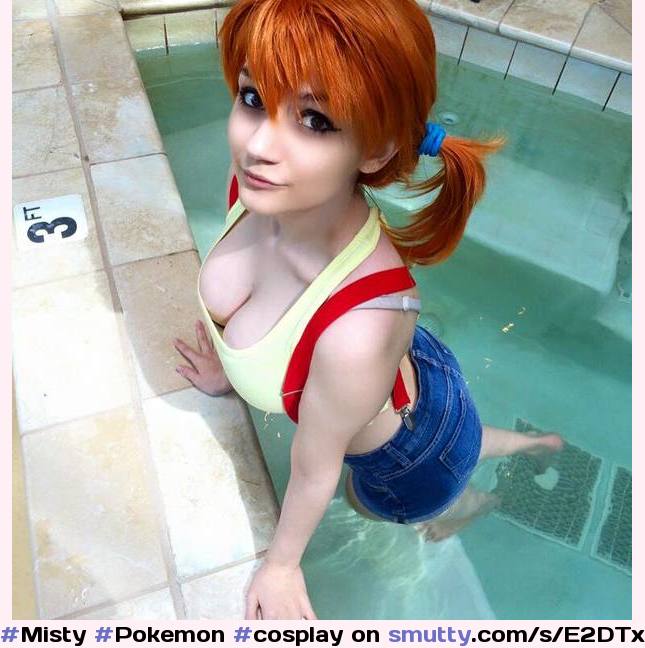 #Misty #Pokemon #cosplay #hairtie #redhead  #pool #suspender #nicerack #cuteface #intensegaze #bikershorts