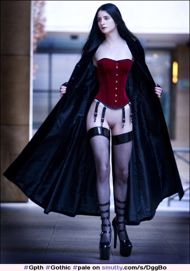 #Gpth #Gothic #pale #coatopen #corset #garter #stockings #heels #street #public #pussy #brunette #NakedUnderMyCoat #coat