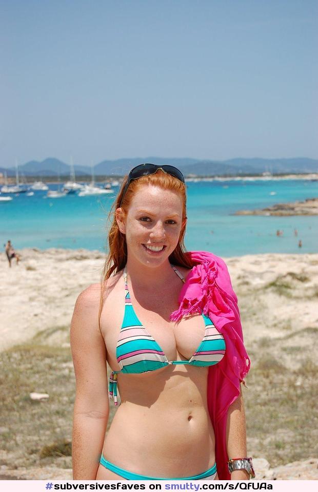 #beach #bikini #nn #nonnude  #redhead #freckles #ginger #sunglassesonhead #bigtits #epicboobs #nicerack #smile #ygwbt #stripes