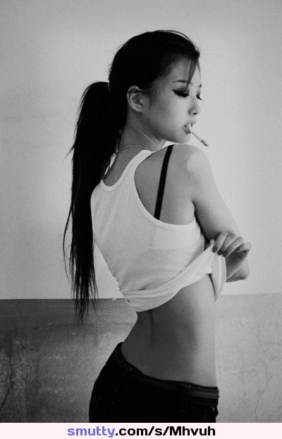 #asian #cigarette #smoking #sexy #undressing #hot #perfect #petite #blackhair #brastrap #tank #tanktop #jeans #blackandwhite