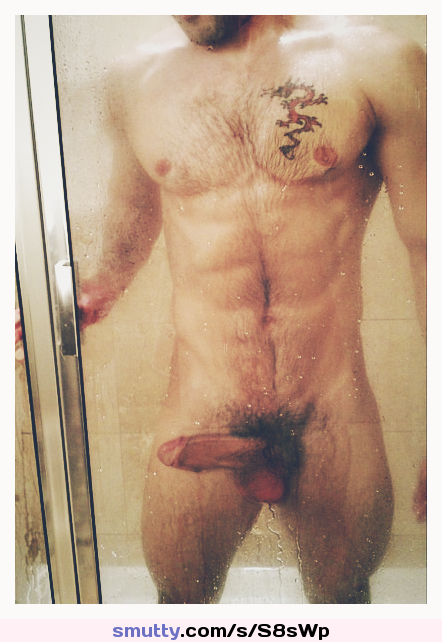 #male #nude #tattoo #shower #againstglass #hardcock