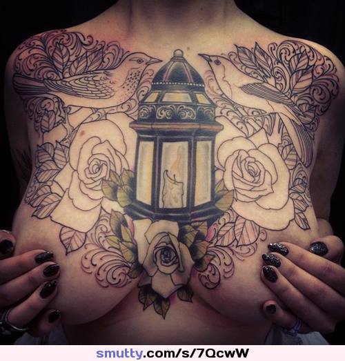 #bareshoulders #nape #collarbone #tattoos #chestpiece #naturaltits #flawlessrack#handbra #covered #lantern #roses #birds