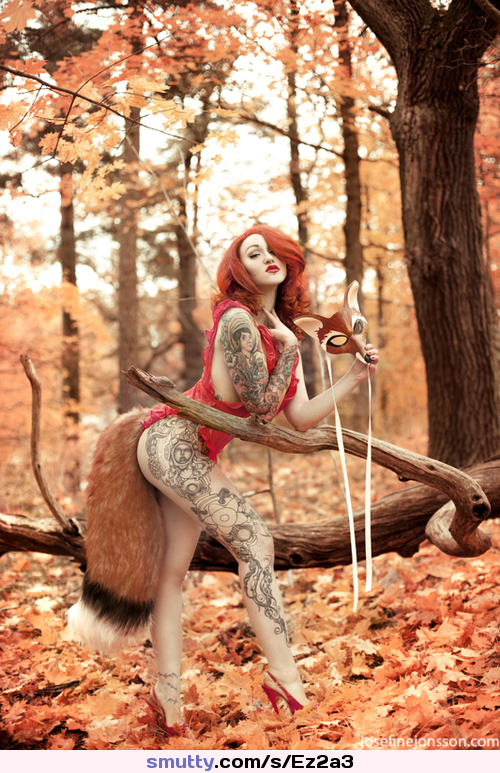 #shopped #redhead #tattoos #longlegs #redlips #fox #foxtail #mask #highheels #pinup #furry #forest #fall #outdoors #model #proshot