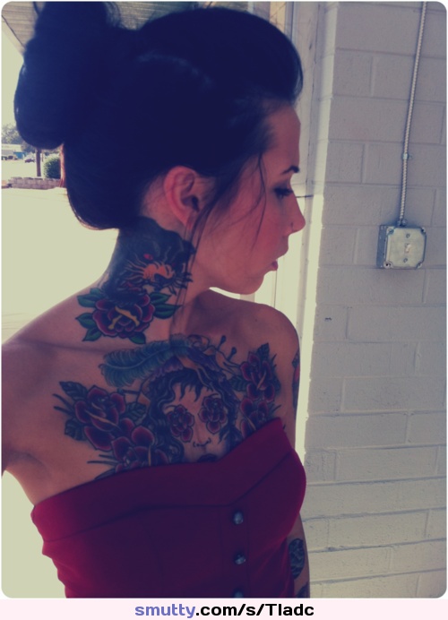 #darkhair #tattoos #hairup #selfshot #smalltits #collarbone #strapless #shoulders #lookingaway