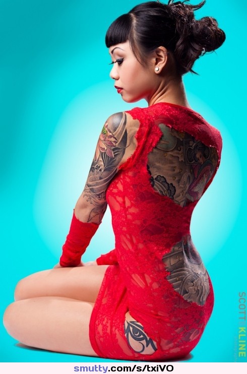 #asian #shorthair #reddress #tightdress #lace #revealing #shortcress #thighs #tattoos #back #eelashes #redlips #piercings #proshot #shoulder