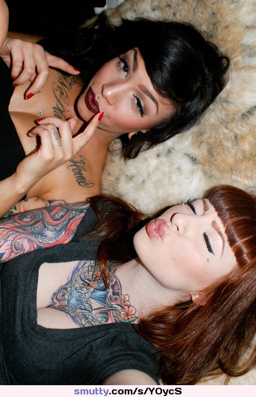 #proshot #cute #twogirls #paleskin #darkskin #redhead #brunette #tattoos #playful  #lowcut #strapless