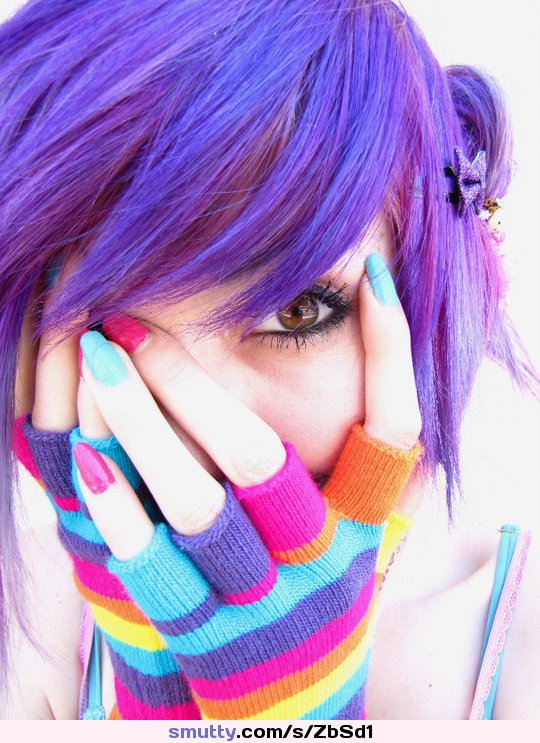 #purplehair #dyedhair #brighteyes #browneyes #eyeliner #mascara #eyelashes #facecovered #paintednails #rainbow #gloves #shorthair #paleskin