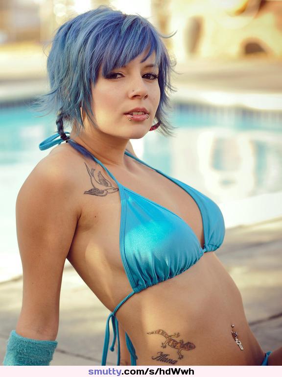 #Katherine from #SuicideGirls #bluehair #bikini #outdoors #pool #pierced #tattoo #beautiful