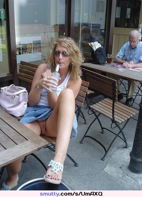 #UpSkirt #Shaved #Blonde #Amateur #exhibitionist #outside #Outdoors #openAirCafe #BenchSeats #Commando #Sandals