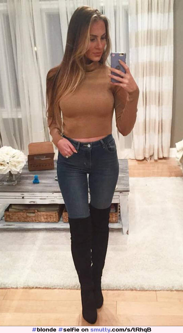 #blonde #selfie #tightsweater #skinnyjeans #tightjeans #boots #thighhighboots