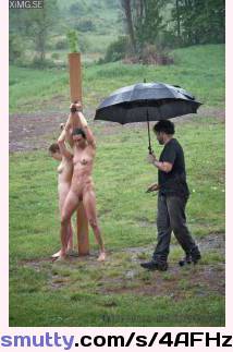 bdsm #bondage #outdoors #2girls #mattieborders #wenona #rain #wet #wethair #shavedpussy #whip #whipmarks #submissive #femsub