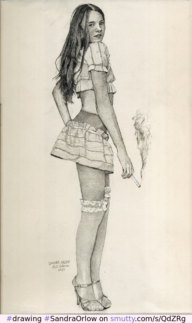 "Sandra Orlow, model 2" #drawing #SandraOrlow #Sandra #Orlow #teen #amateur #pencil #graphite #beautiful #cigarette #nylons #heels #panties