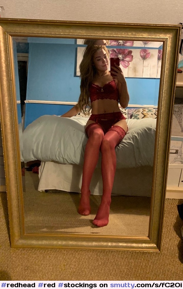 #redhead #red #stockings #suspenders #panties #bra #feet #selfie