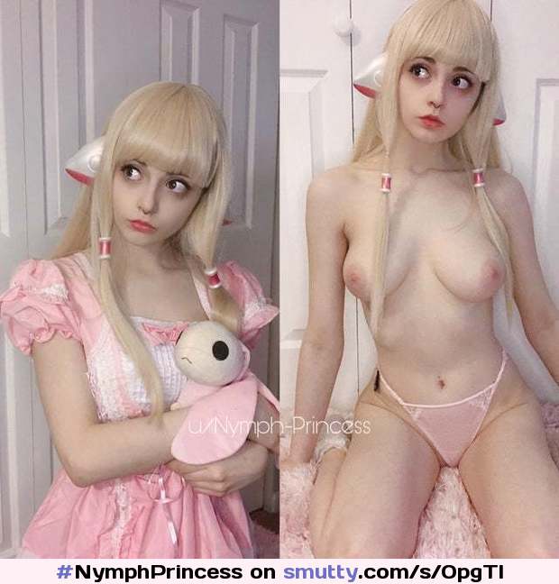 #NymphPrincess aka #HoneyMomo c. #2020 - #pale #blonde #twintails #catears #Chii #Chobits #cosplay #breasts #panties #dressedundressed