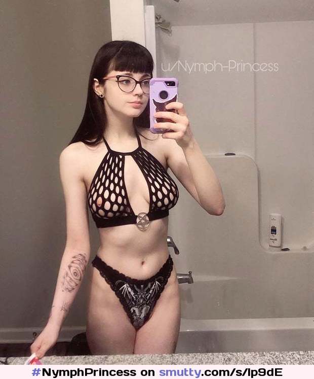 #NymphPrincess aka #HoneyMomo c. #2020 - #pale #glasses #fishnet #fishnetbra #panties #pentagram #tattoo #selfie #mirrorselfie