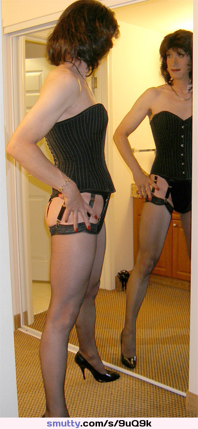 Cd Tranny Corset Brunette Garters Stockings Heels Sexy Mirror
