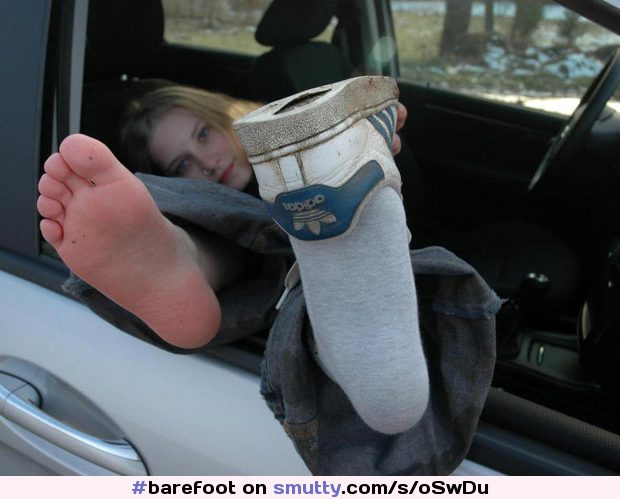 #barefoot #BarefootInJeans #blonde #car #feet #InCar #NoseRing #RemovingShoes #sneakers #socks #WhiteSocks