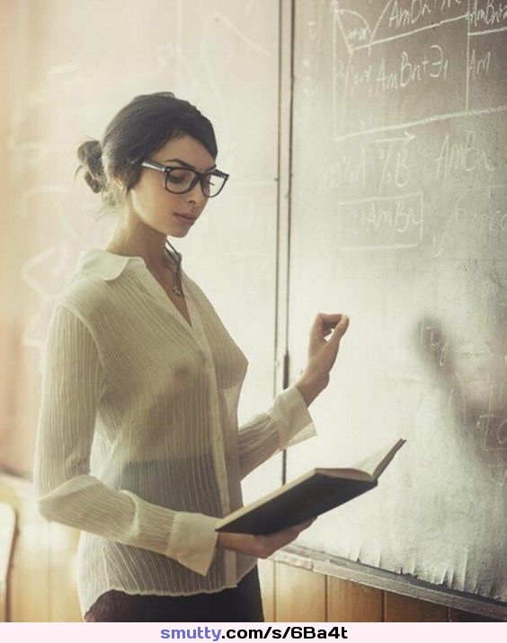#brunette #blouse #glasses #seethroughtop #teacher #tits