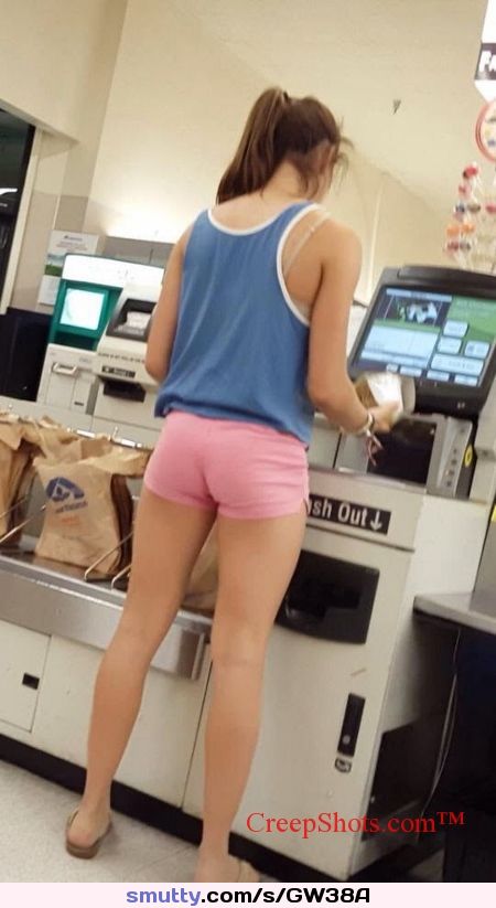 #candid #creepshot #ass #legs #public #shorts #tanktop #brunette #ponytail #standing #viewfrombehind #sandals #Supermarket #noface