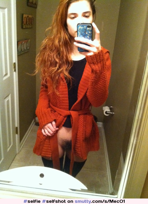 #selfie #selfshot #standing #bathroom #mirror #phone #brunette #sweater #bush #bottomless #stockings