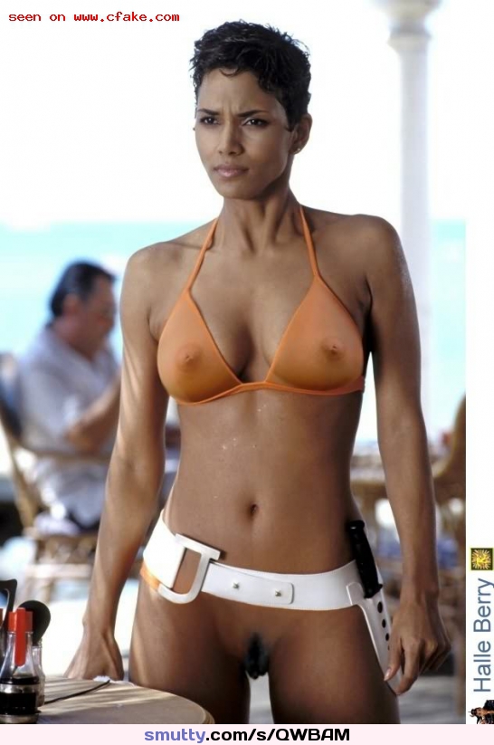 #HalleBerry is a #bottomless #BondGirl while her bikini dries on the set.  She flaunts her #NicelyTrimmed #CelebrityCunt with #LegGap.