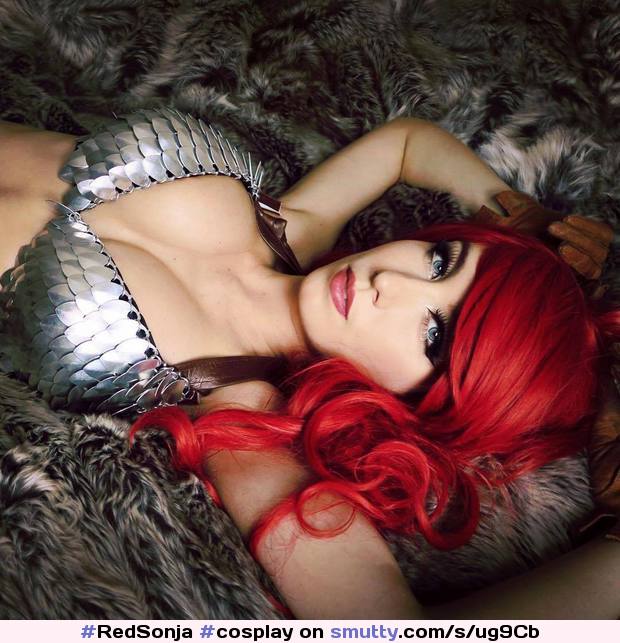 #RedSonja #cosplay #BeauPeep #fantasy #metalbra #armor #lyingdown #tits #breasts #boobs