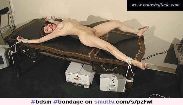 #bdsm #bondage #natashaflade #spreadeagle #crosstied #tiedtotable #ballgag #lookingatcamera #naked
