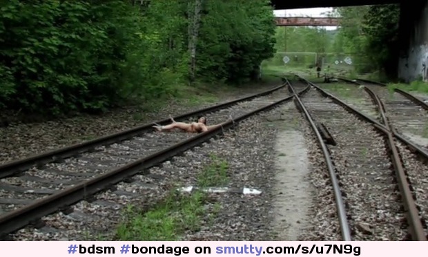 #bdsm #bondage #spreadeagle #public #helpless watch out for old school #Villains #traintracks