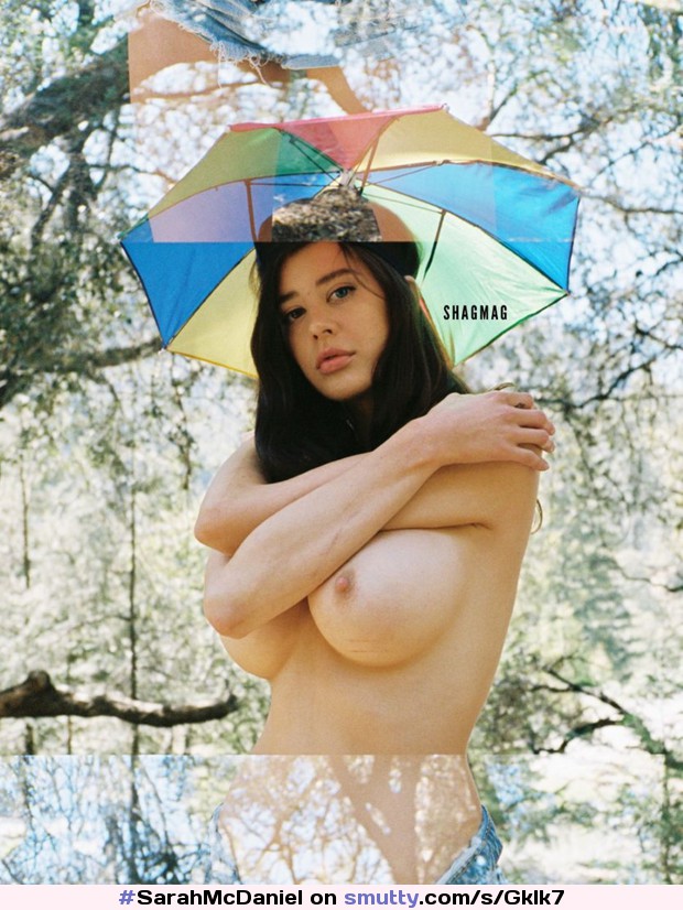 #SarahMcDaniel #Click2Enlarge #fakeboobs #outdoors #umbrella