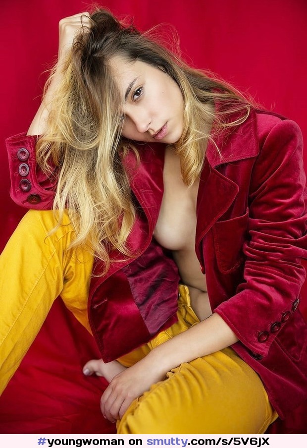 #youngwoman#breathtaking#beautiful#seated#flowinglonghair#velvetjacket#unbuttoned#exposedbreast#tearshaped#yellowtrousers#eyecontact#erotic