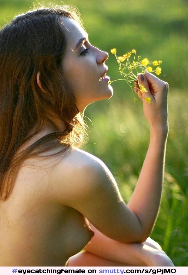 #eyecatchingfemale#gorgeous#adorableface#longbrownhair#seated#outdoors#meadow#eveninglight#sideview#baresidebreast#collectingbuttercups