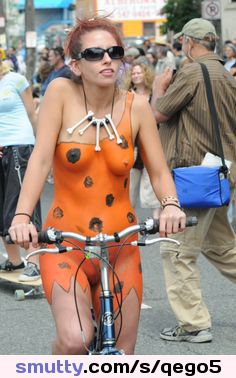 #bike #bicycle #cyclerotica #outdoor #public #bodypaint #sunglasses #Flintstones #WilmaFlintstone