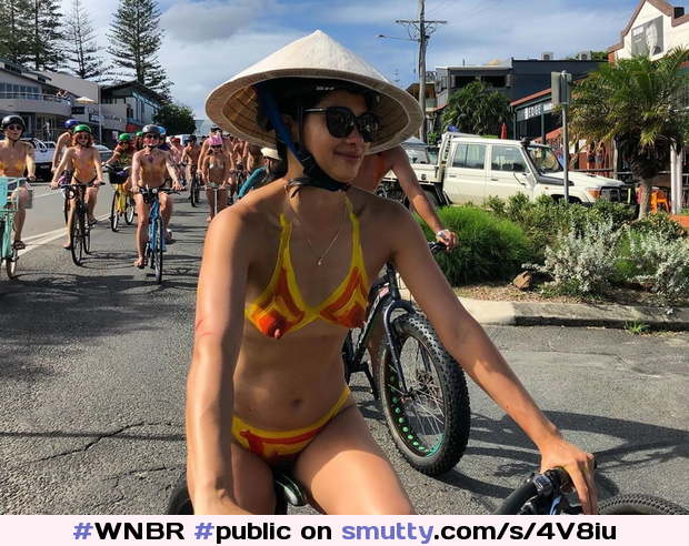 #WNBR #public #publicnudity #outdoor #bike #bicycle #cyclerotica #smallboobs #smile #smiling #bodypaint #sunglasses #hat #erectnipples