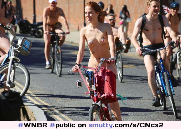 #WNBR #public #publicnudity #outdoor #bike #bicycle #cyclerotica #smallboobs #bodypaint #smile #smiling #petite #pale #redhead #tinytits