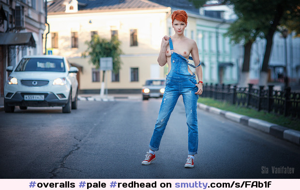 #overalls #pale #redhead #shorthair #smallboobs #outdoor #public #sneakers