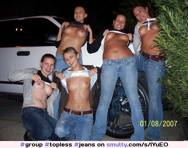 #group #topless #jeans #flashing #outdoor #chooseone kneeling, right