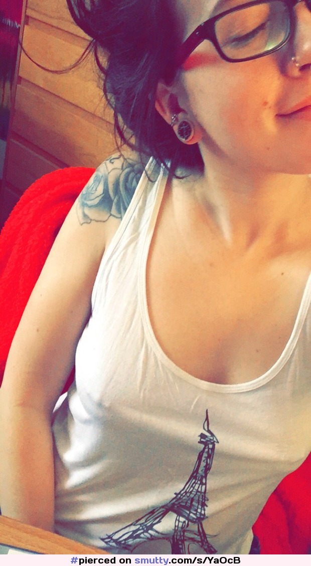 #pierced #piercednipples #amateur #selfie #tanktop #ink #glasses #nerdy #smile #smiling
