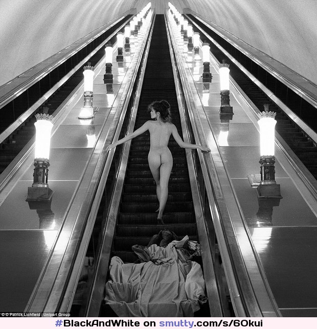 #BlackAndWhite #photography #PublicNudity #escalator #perfect #gorgeousbody #brunette