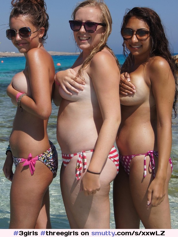 #3girls #threegirls #handbra #beach #sunglasses #sideprofile #nobra