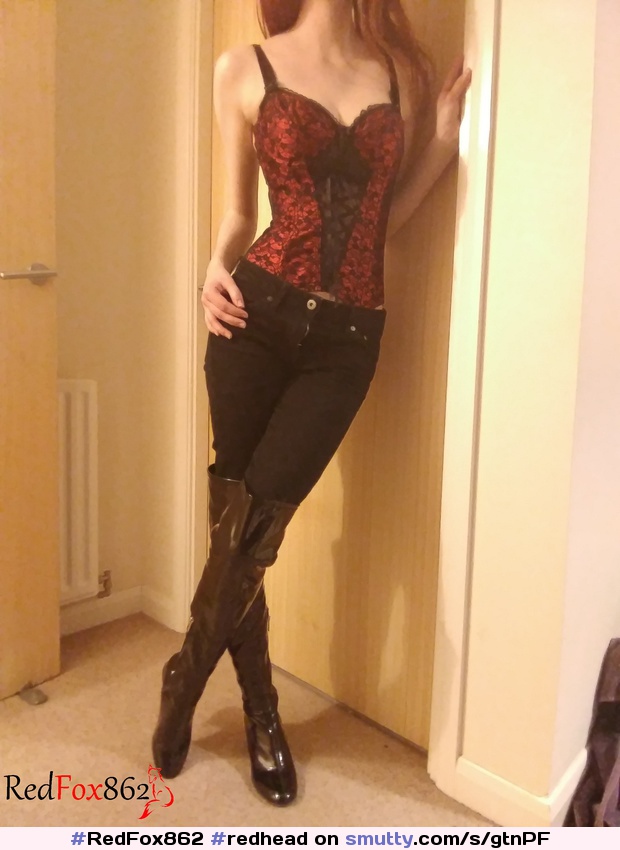 #boots #corset #heels #jeans #redfox862 #redhead #rubykodama.
