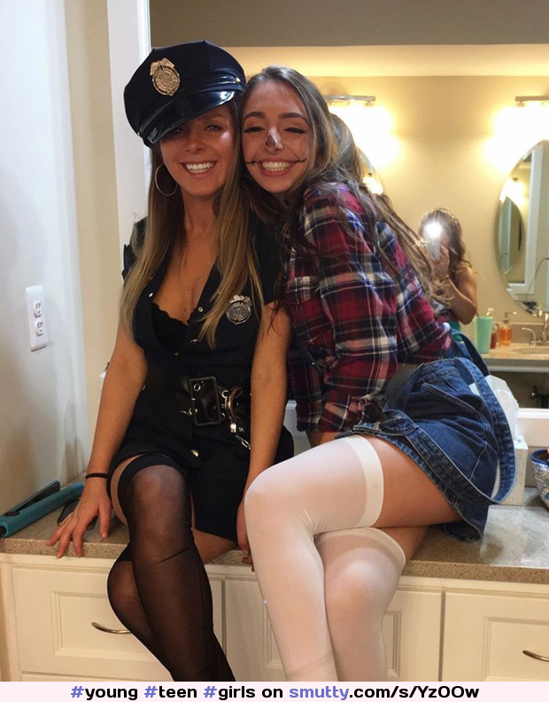 #young #teen #girls #halloween #sexy #cute #eyecontact #smiling #stockings #thighhighs #costume #police #farmer #lesbians #bathroom #arrest